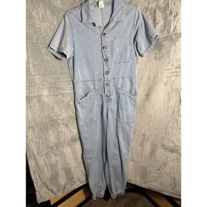 Light Wash Denim Button Front Short Sleeve Jogger Jumpsuit Size M 7-9